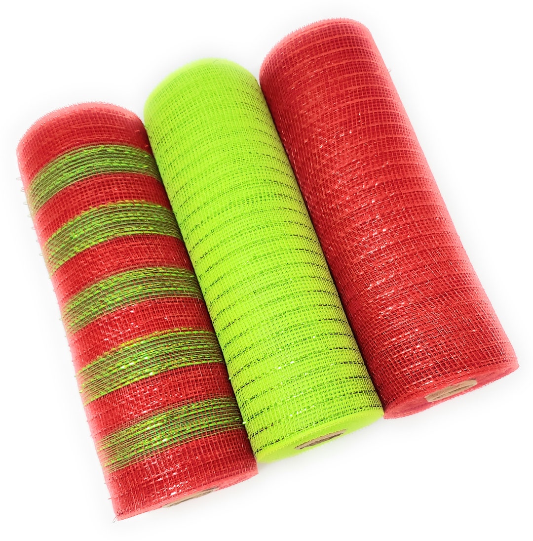 Christmas 10 Deco Metallic Mesh Ribbon Rolls red, Lime, Red and