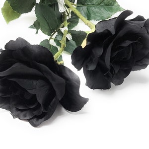 May include: Two black artificial roses with green stems and leaves.