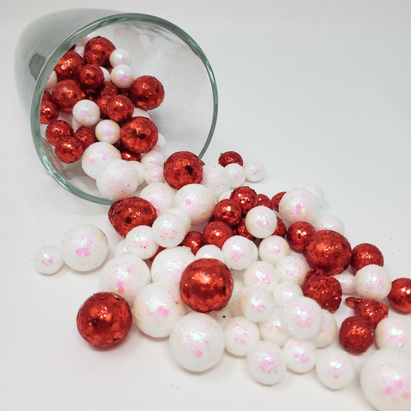 Red and White Glitter Foam Ball Scatter Vase or Bowl Filler 4 Cups, 13-19mm