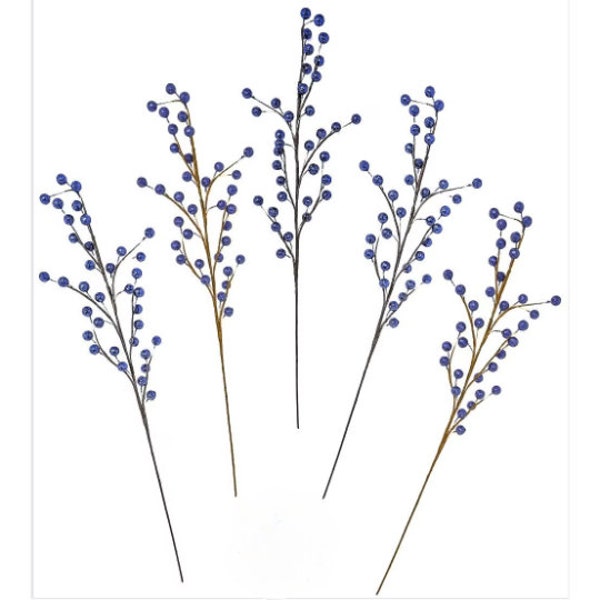 16" Royal Blue Glittering Berry Floral Picks (Set of 5), Winter and Christmas Decor