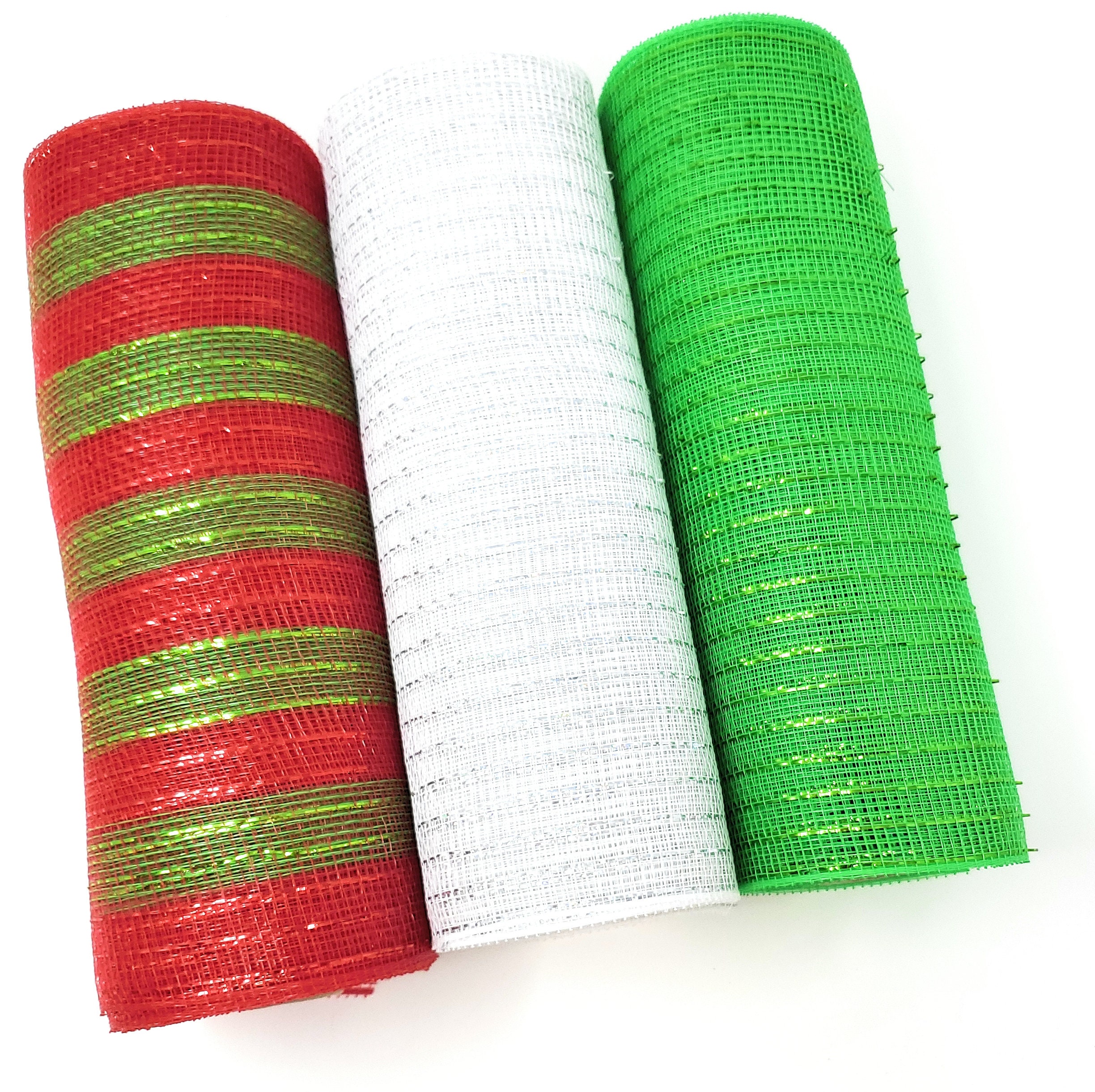  Red, White and Green 10 Wide, 10 Yard Decorative Poly Mesh  Metallic Ribbon Rolls