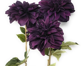 6 Blooming Deep Purple Dahlia, Artificial Flower Stem, Floral