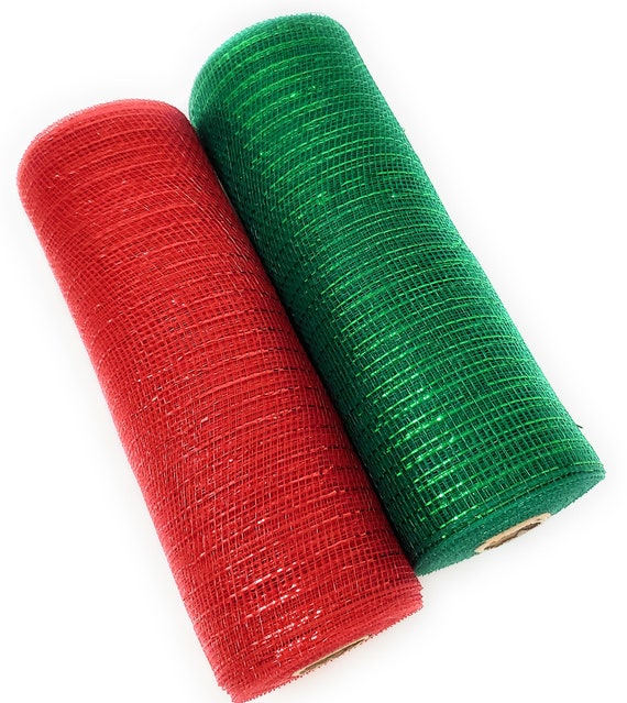 10 Deco Metallic Mesh Ribbon Rolls emerald Green and Santa Red 