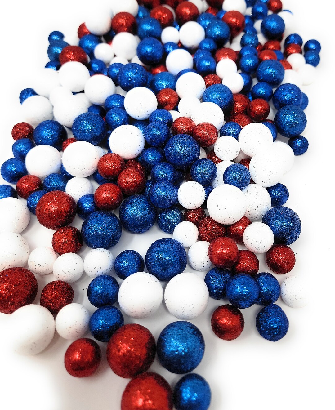 Patriotic Sparkling Red, White and Blue Glitter Foam Ball Scatter Vase or Bowl Filler 4 Cups, 10