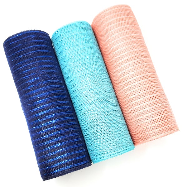 Ocean Beach Cottage 10" Deco Metallic Mesh Ribbon Rolls (Aqua, Coral, Navy Blue)