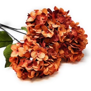 Harvest Orange Hydrangea Artificial 28&quot; Flower Stem, Floral Decor (Set of 3 Blooms)