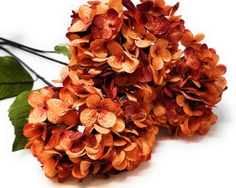 Harvest Orange Hydrangea Artificial 28" Flower Stem, Floral Decor (Set of 3 Blooms)