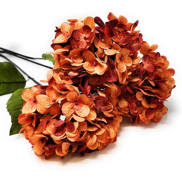 Harvest Orange Hydrangea Artificial 28" Flower Stem, Floral Decor (Set of 3 Blooms)