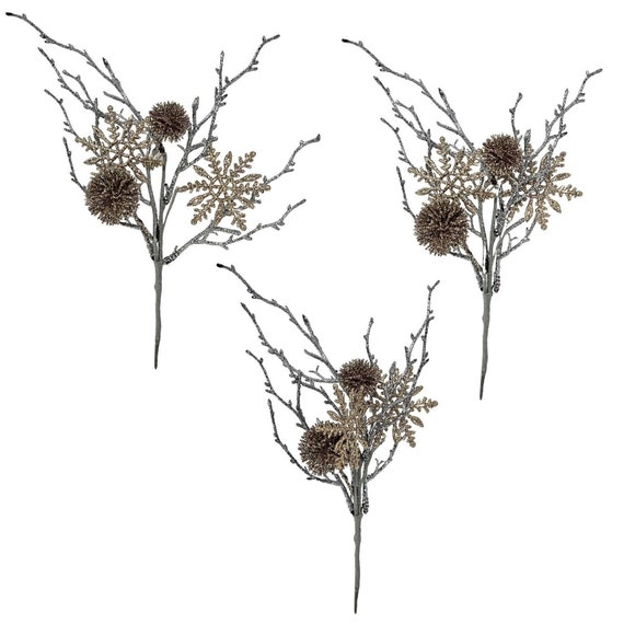 11 Champagne Gold and Silver Floral Picks set of 3, Winter Christmas Decor  