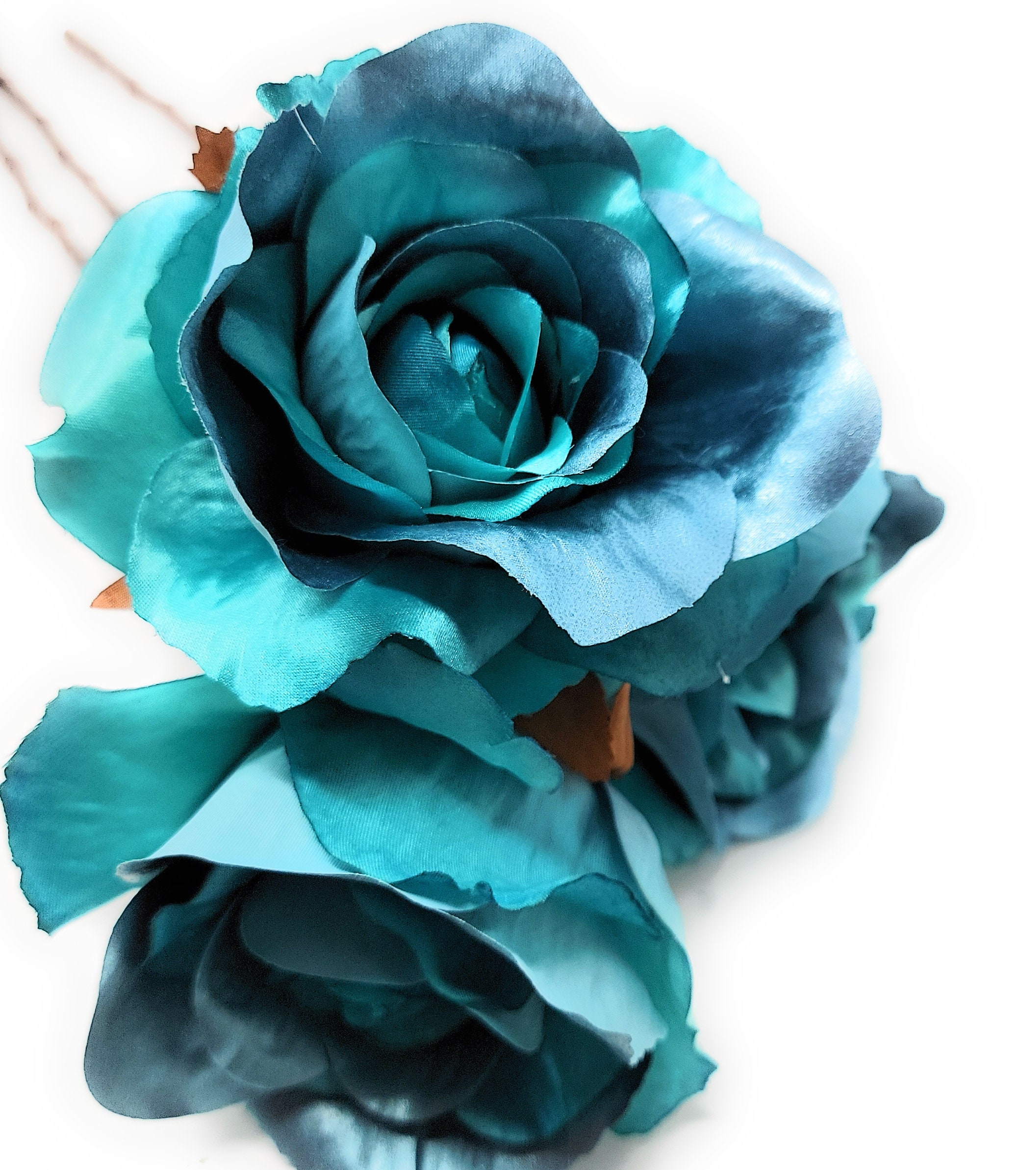 5 Blooming Metallic Turquoise Blue Rose, Artificial Flower Stem, Floral  Decor set of 3 