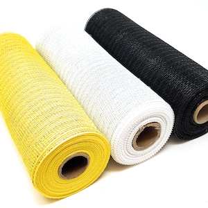 May include: Three rolls of mesh ribbon in yellow, white, and black. The rolls are made of a woven material and are perfect for crafting and decorating.