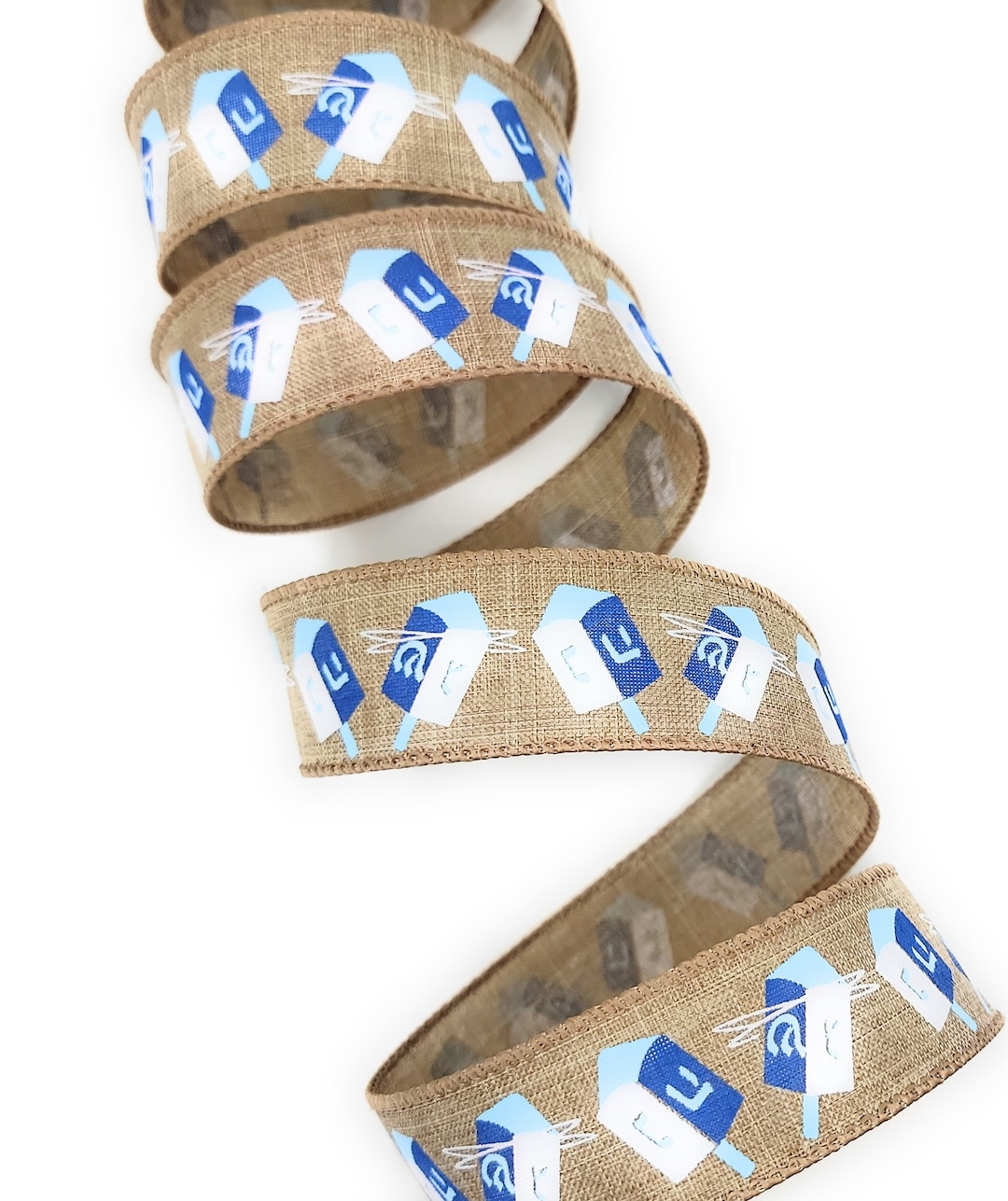 1.5&quot; Wired Hanukkah Dreidel Holiday Blue and Natural Ribbon - 30 Feet!