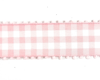 Light Pink Plaid Gingham Pom Pom Wired 1.5 Ribbon, 12 Feet free Shipping 