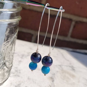 Rainbow Tigers Eye with Blue Sardonyx Stone on Sterling Silver V Shaped Drop Earring, One of a Kind Earring, Approx 2.5&quot; Long, Mothers Day