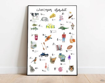 Wisconsin Alphabet Watercolor Poster Print, 11x14 or 16x20