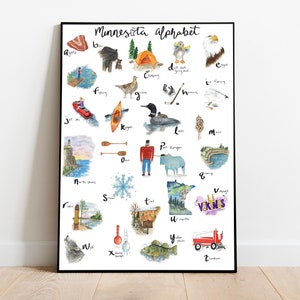 Minnesota Alphabet Watercolor Poster Print, 11x14 or 16x20