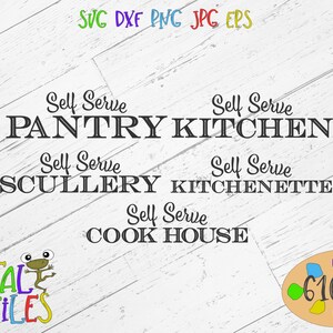 May include: A digital download of four kitchen signs with the text "Self Serve" and different names for a kitchen, including "Pantry Kitchen", "Scullery", "Kitchenette", and "Cook House".