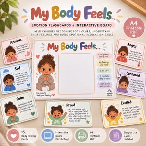 Op de afbeelding: Een set My Body Feels emotie-flashcards en een interactief bord met illustraties van een kind dat verschillende gevoelens uitdrukt. De kaarten bevatten tekstbeschrijvingen voor angstige, boze, verdrietige, verwarde, kalme, trotse en opgewonden toestanden.