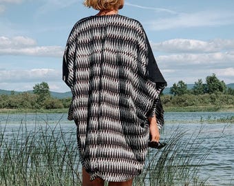 Black & White Kimono Cardigan | One Size Jacket | Block Print Kimono Robe Cotton | Reversible