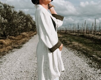 White & Green Asymmetric Coat | Reversible Cotton Jacket | Kimono Robe | One Size | UNISEX