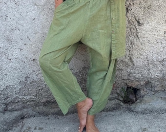 Drop Crotch Free Time Pants | Cotton Linen Trousers | Yoga Clothing | Pocket Pants | Unisex