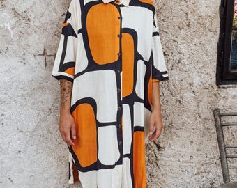 Block Printed Viscose Blouse Dress: White & Orange Pattern, Pockets