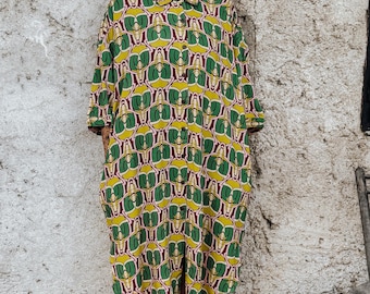 Block Printed Viscose Blouse Dress: Green & Purple Pattern, Pockets