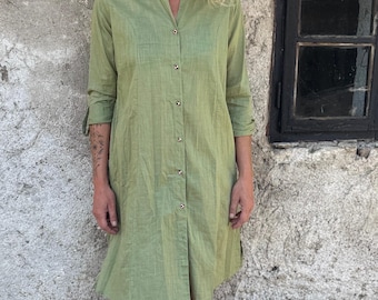 Indian Kurta Dress | Green Tunic | Linen Cotton Blouse Dress