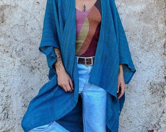 Knitted Cotton Kimono Cardigan: One Size Blue Robe