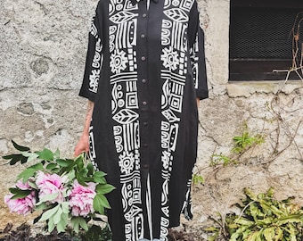 Block Printed Viscose Blouse Dress | Black & White Pattern, Pockets
