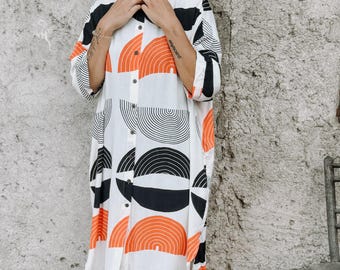 Block Printed Viscose Blouse Dress | White & Orange Pattern, Pockets