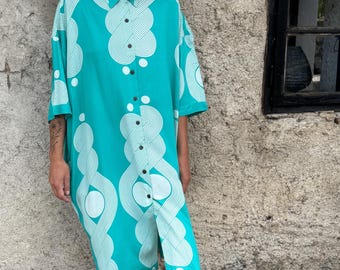 Block Printed Viscose Blouse Dress: Turquoise & White, Half Sleeve