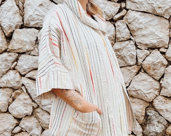 Rainbow Stripe Cotton Kimono Jacket: Oversized Robe with Pockets
