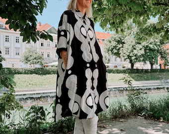 Midi Shirt Dress | Oversize Collar Dress | Half Sleeve | Block Printed | Black and White