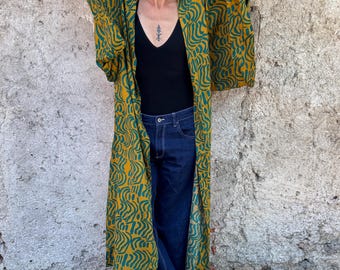 Rayon Kimono Robe with Belt: Lightweight Block Print Haori