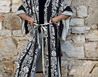 Lightweight Blockprint Viscose Kimono Robe with Belt - Bohemian Style