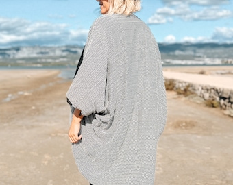 Black & White Kimono Cardigan | One Size Jacket | Block Print Kimono Robe Cotton | Herringbone | Reversible