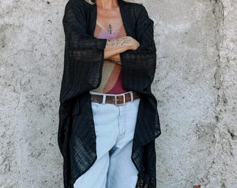 Knitted Cotton Kimono Cardigan: One Size Black Robe