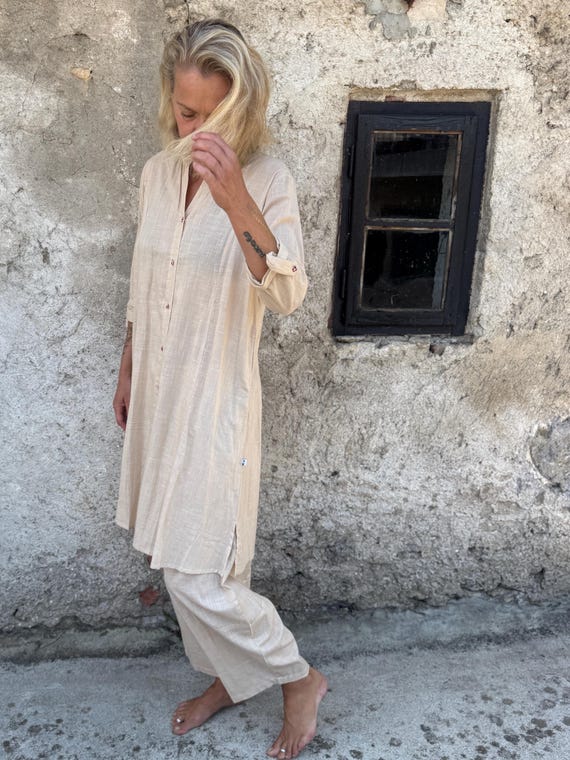knee length dresses for ladies and It_ Indian Cotton Linen Shirt Dress Dress Long Short Sleeve Shirt Dress Women's Summer Maxi Shirt Dress Shirt Dress Stylish Indian Cotton Cotton L main image 1