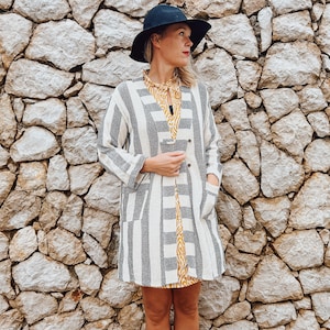 Kurtka czarno-biała | Kurtka w jednym rozmiarze | Szlafrok kimono z kieszeniami | Bawełna | W paski