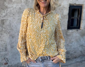 Zebra Print Rayon Blouse I Yellow Beige Bow Tie Top