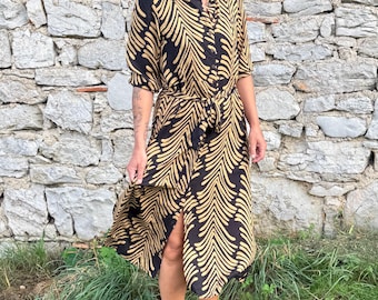 Button up Dress | Tie-belt Shirt Dress | Block print | Pocket Dress | Black and Golden Patter