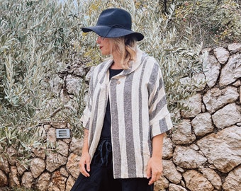 Veste noire et blanche | Veste taille unique | Peignoir kimono avec poches | Rayures