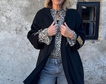 Black Asymmetric Coat | Reversible Cotton Jacket | Kimono Robe with Pockets | One Size | UNISEX