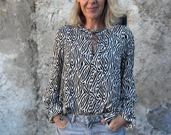 Zebra Pattern Bow Blouse I Black & White with Pockets