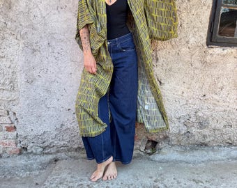 Rayon Kimono Robe with Belt: Lightweight Block Print Haori
