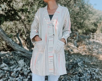 Rainbow Stripe Cotton Kimono Robe - One Size Jacket with Pockets