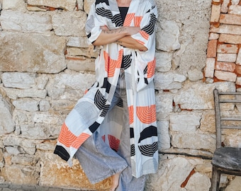 Long Rayon Kimono Robe / Geometric Print / Festival Haori Robe with Belt / Japanese Style