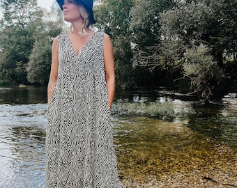 Robe longue en viscose : robe d'été sans manches à carreaux avec poches