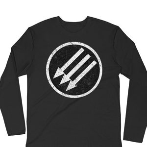 May include: Black long-sleeve shirt with a white distressed circle containing three white arrows pointing to the left.